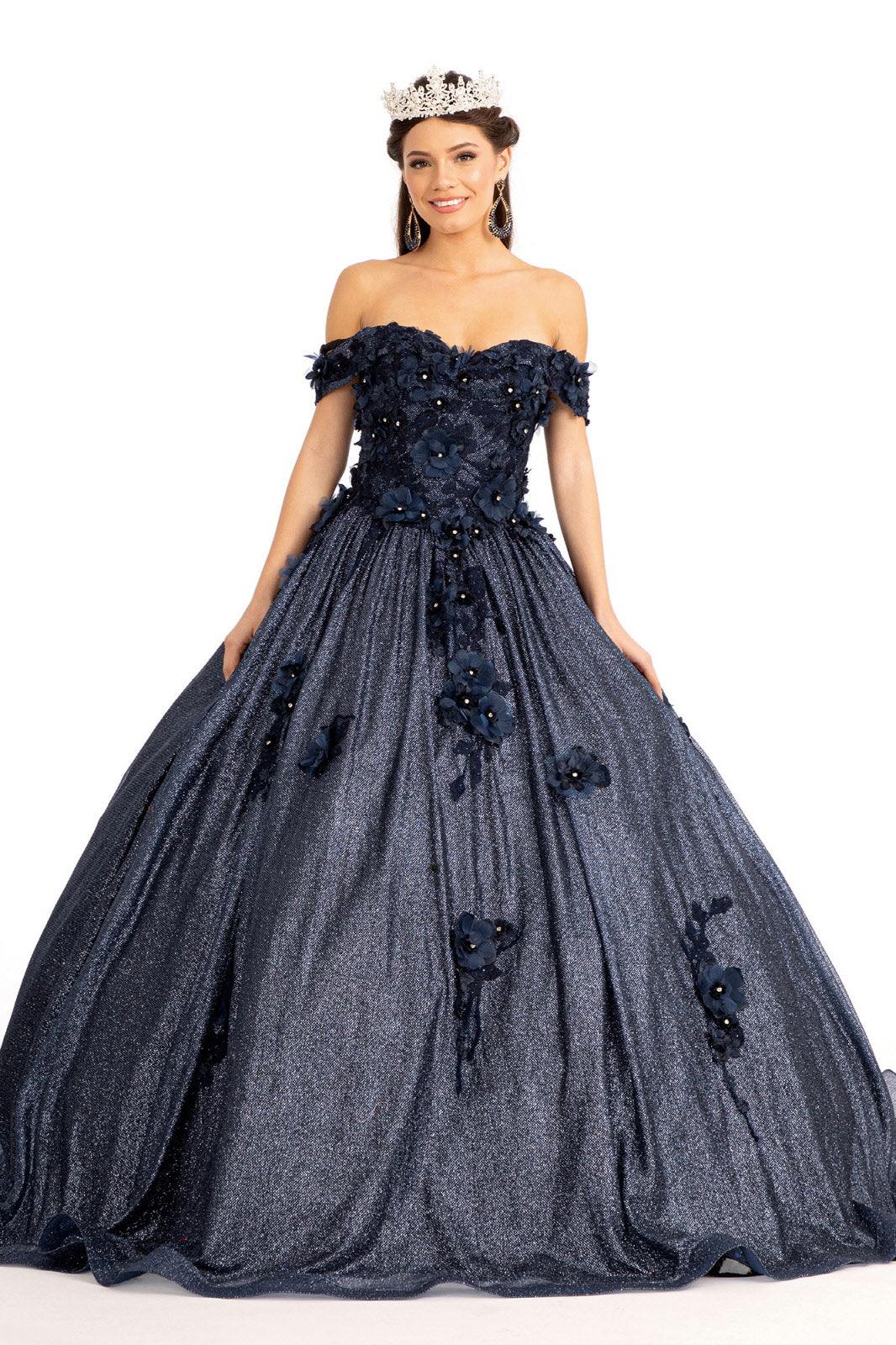 Long Off Shoulder Floral Applique Quinceanera Dress