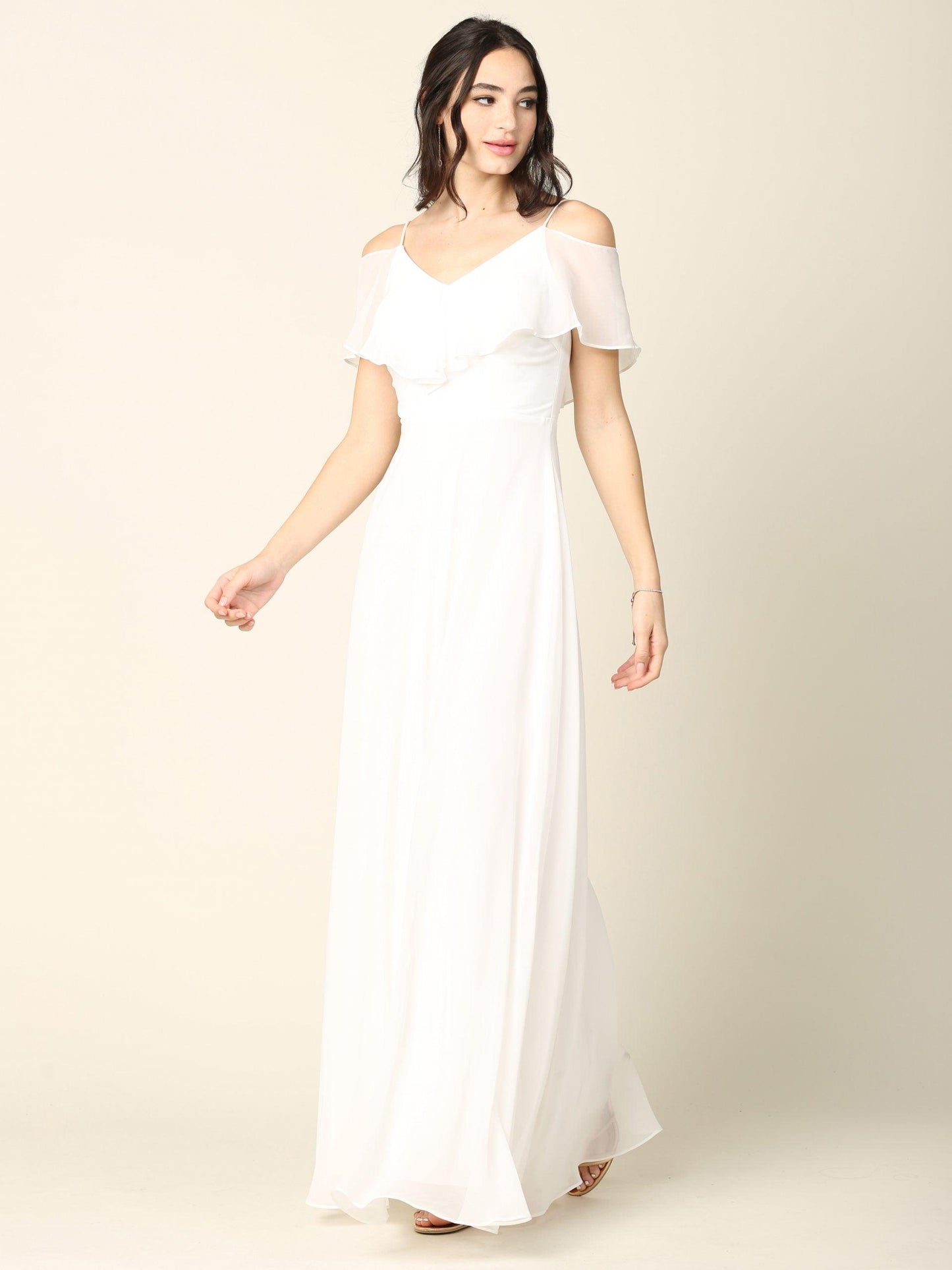 Long Off Shoulder Formal Bridesmaids Chiffon Dress - The Dress Outlet