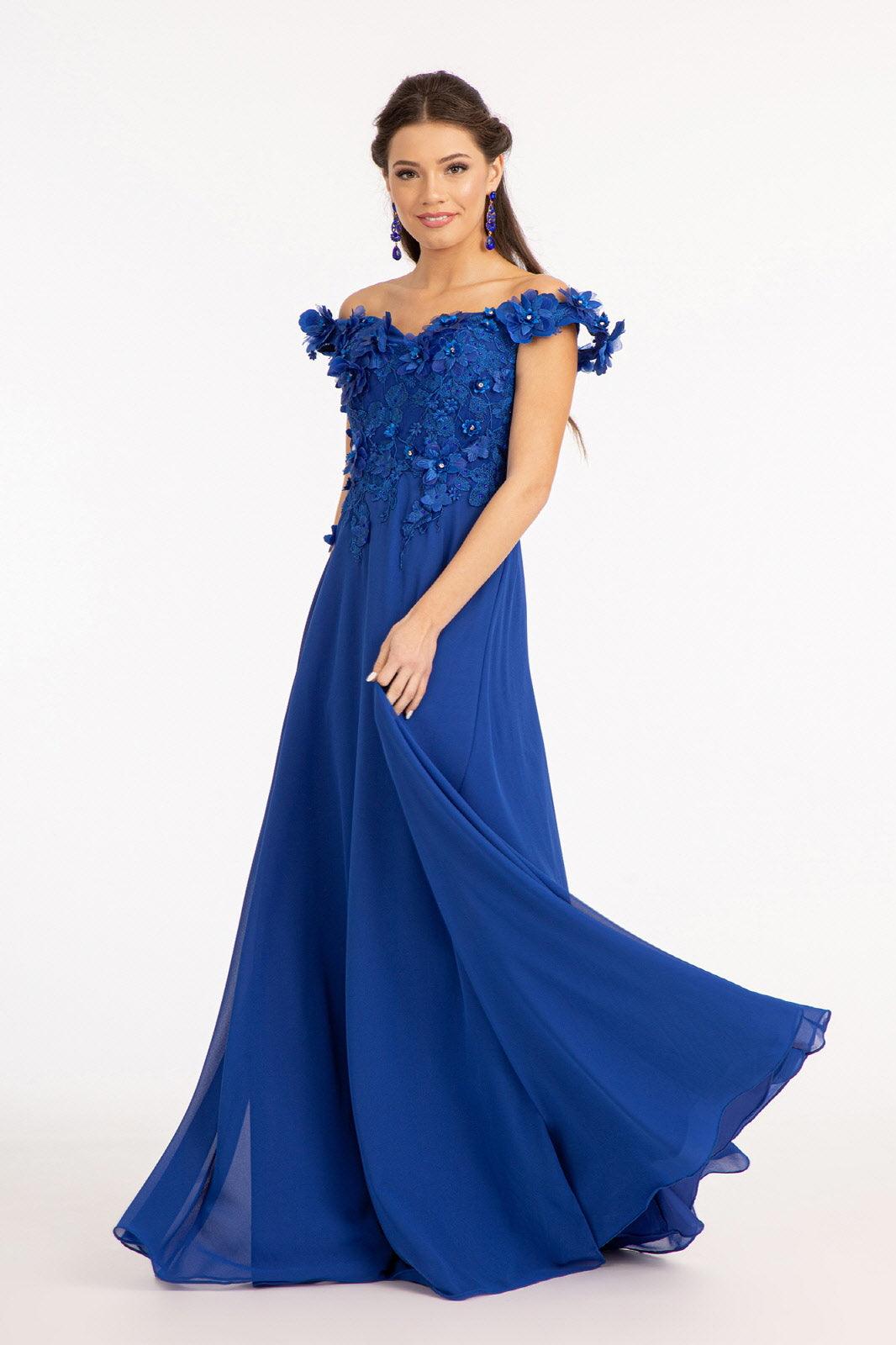 Long Off Shoulder Formal Chiffon Prom Gown Royal