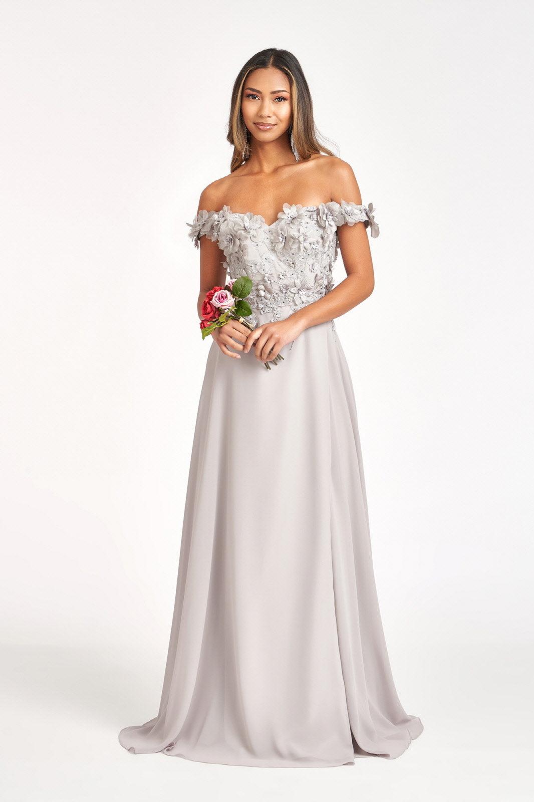 Long Off Shoulder Formal Chiffon Prom Gown Silver