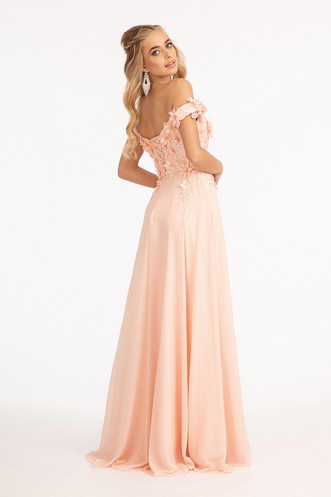 Champagne Long Off Shoulder Formal Chiffon Prom Gown