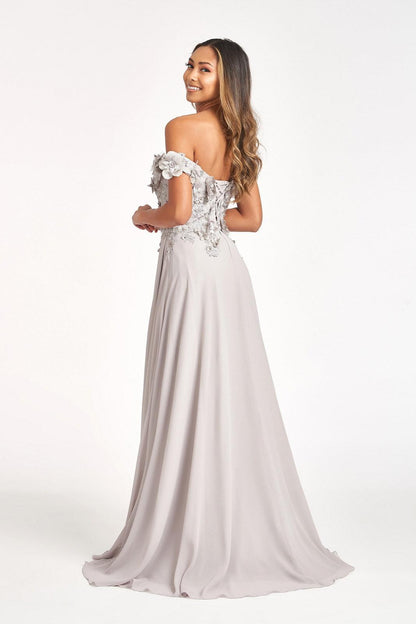 Long Off Shoulder Formal Chiffon Prom Gown Silver