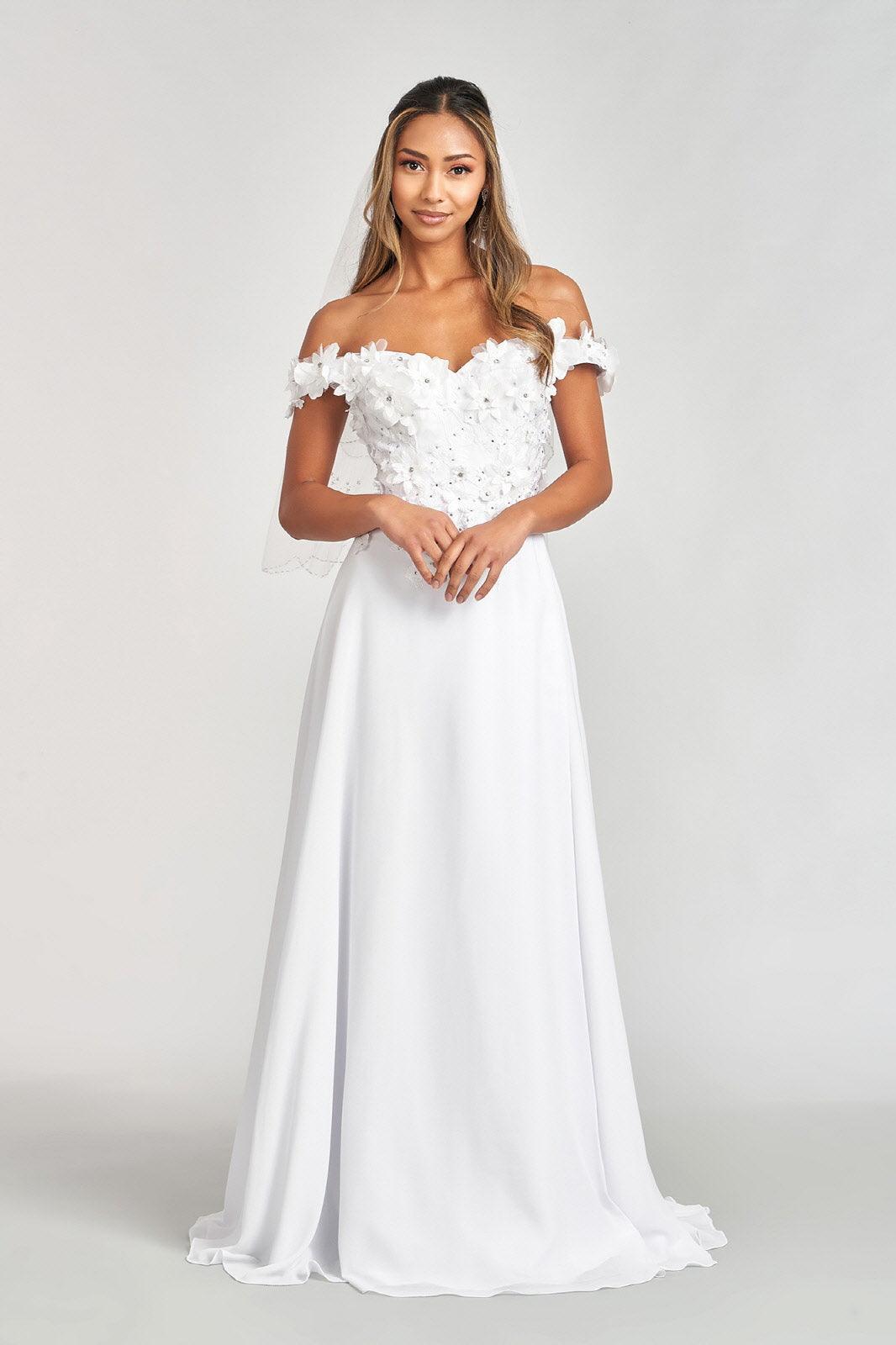 Long Off Shoulder Formal Chiffon Prom Gown White