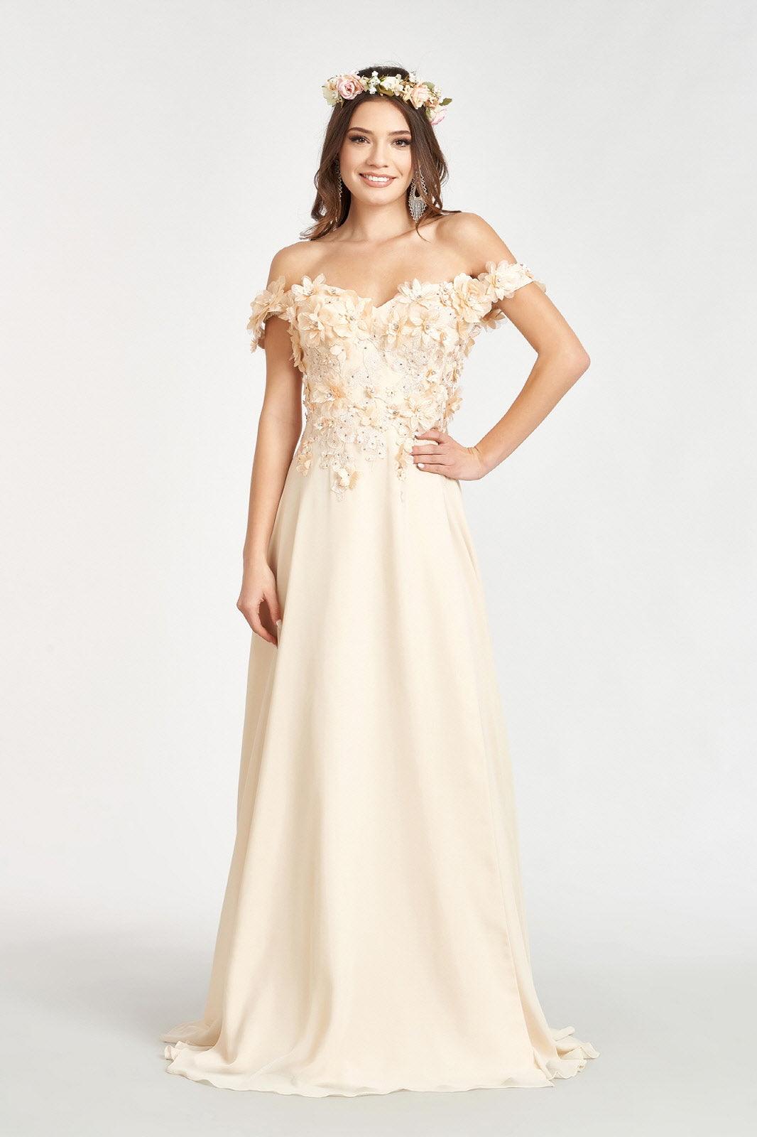 Long Off Shoulder Formal Chiffon Prom Gown Champagne