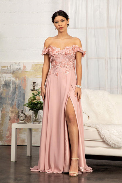 Long Off Shoulder Formal Chiffon Prom Gown Dusty Rose 