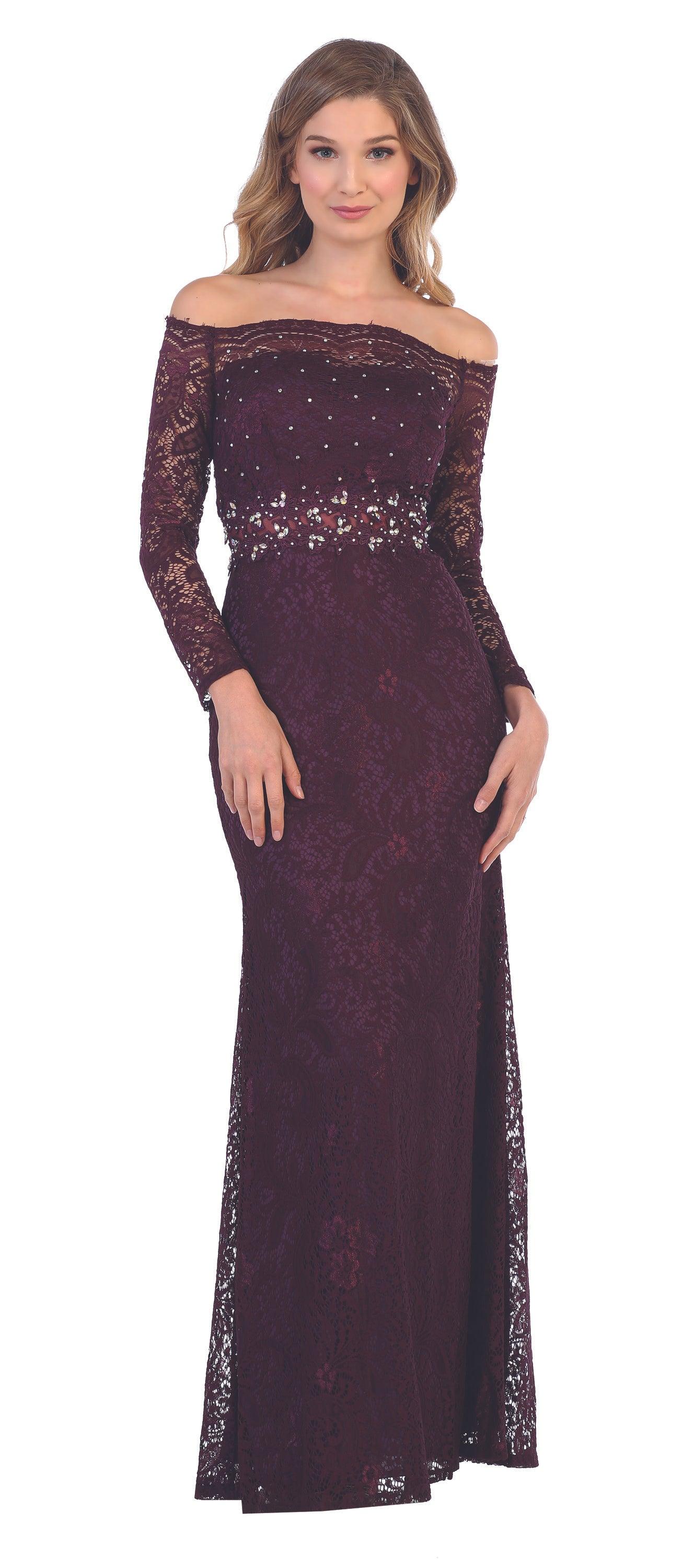 Long Off Shoulder Formal Lace Evening Party Dress - The Dress Outlet