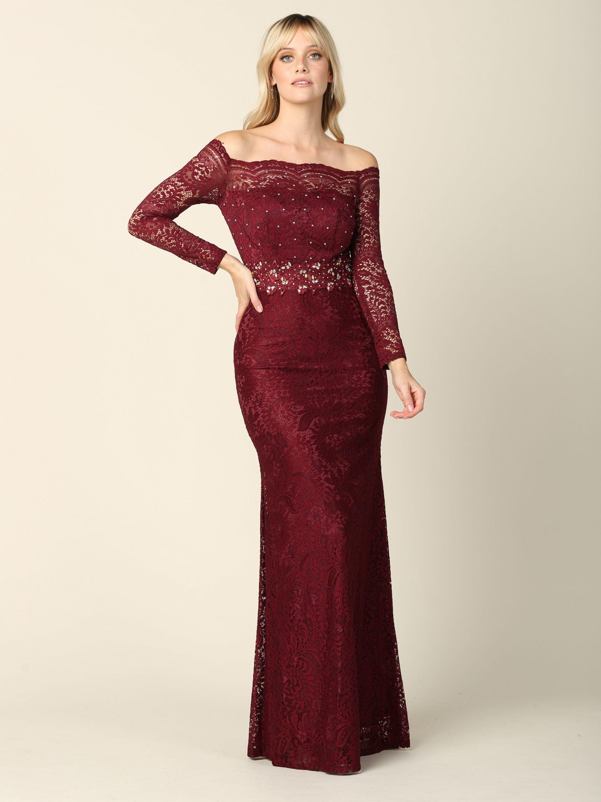 Long Off Shoulder Formal Lace Evening Party Dress - The Dress Outlet
