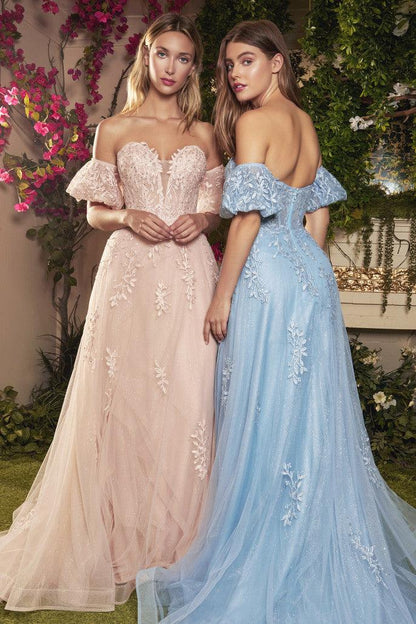 Andrea & Leo A1046 Long Off Shoulder Formal Prom Dress Blush Paris Blue