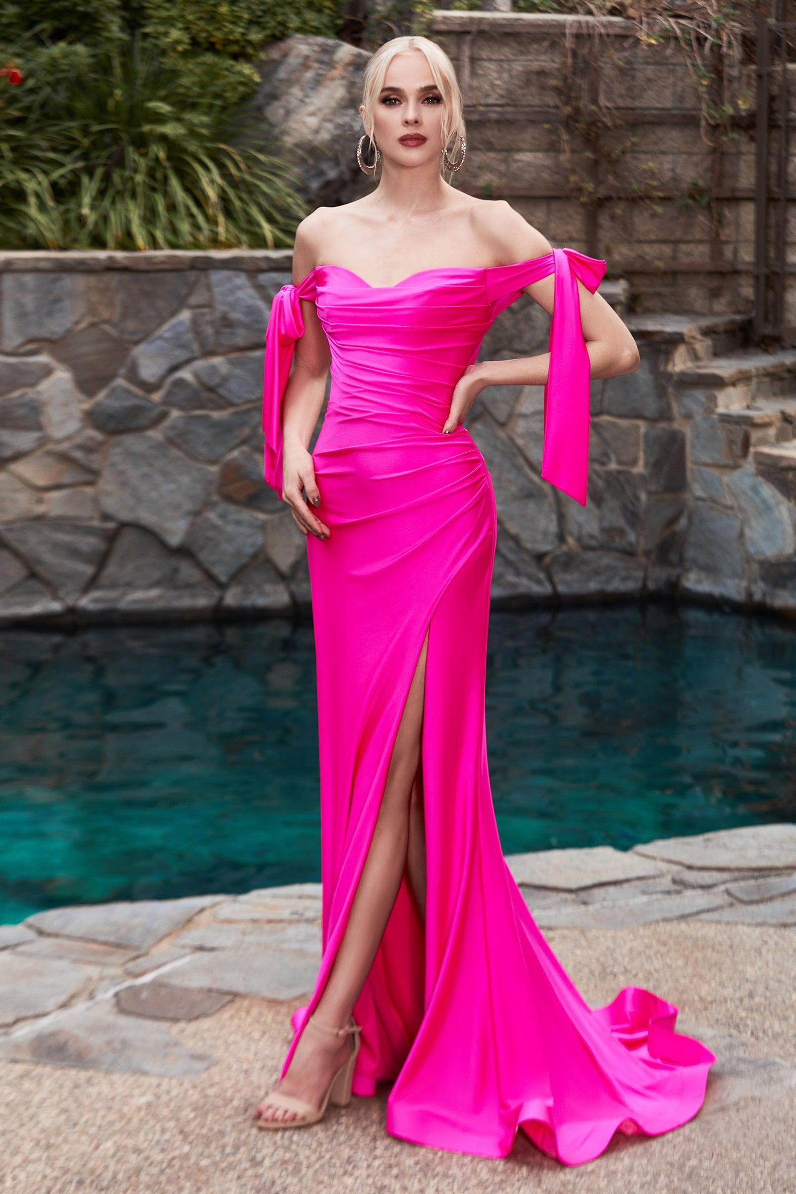 Long Off Shoulder Formal Prom Dress Fuchsia