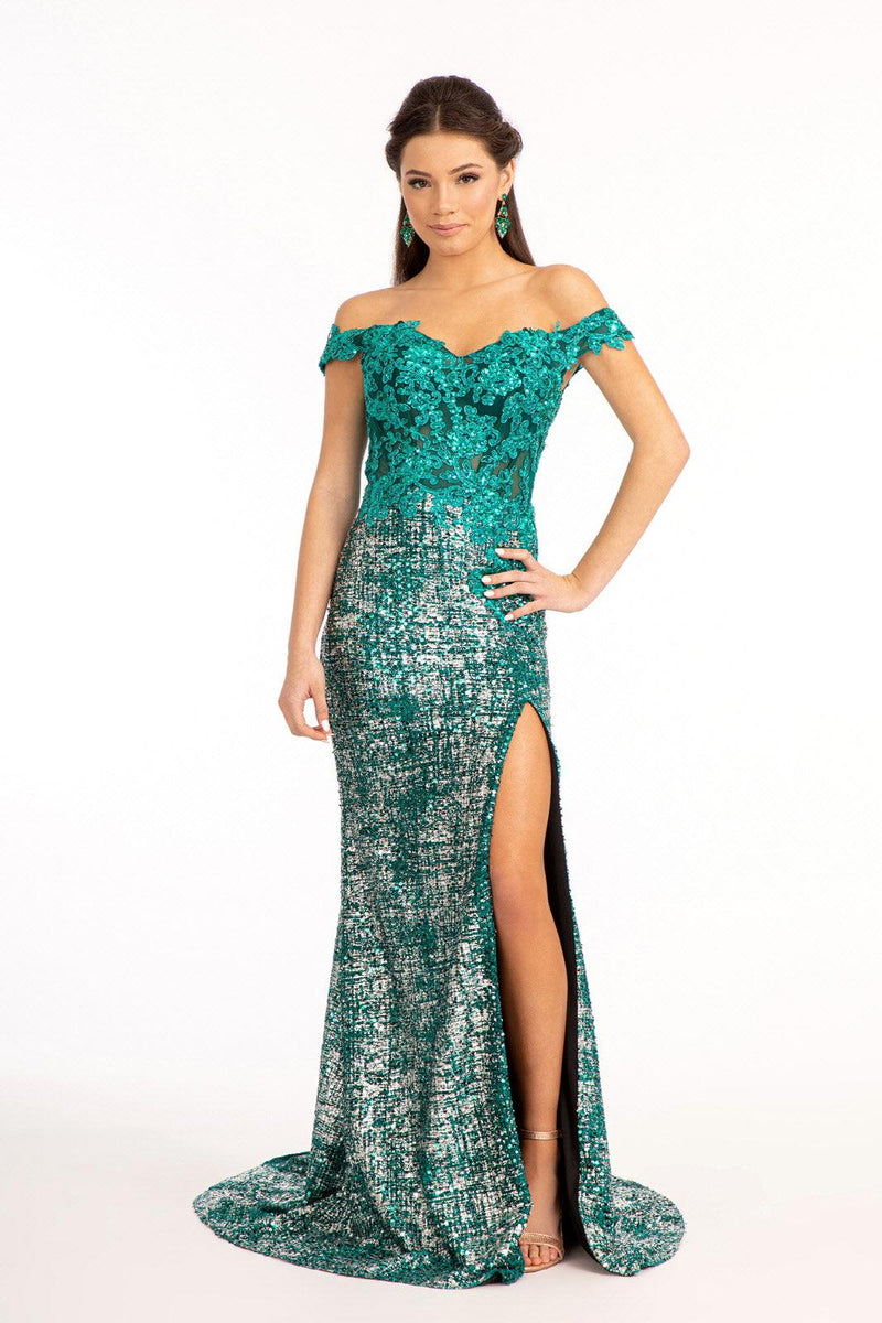 green emerald velvet dress Fitted Off Shoulder Sequin Prom Formal Dress 1319 – The Dress Outlet main image 1