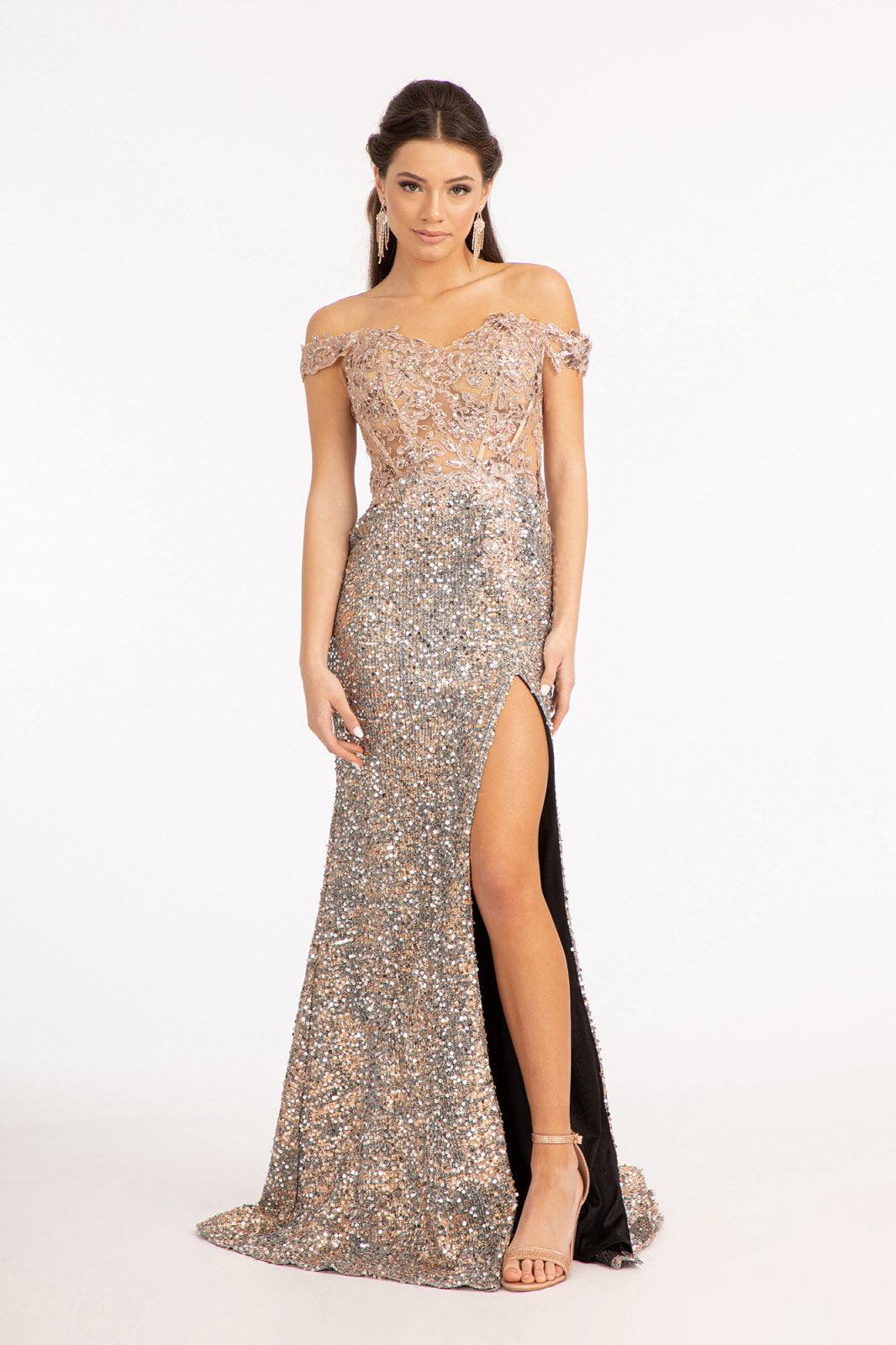Long Off Shoulder Formal Sequins Prom Dress - Navy / L