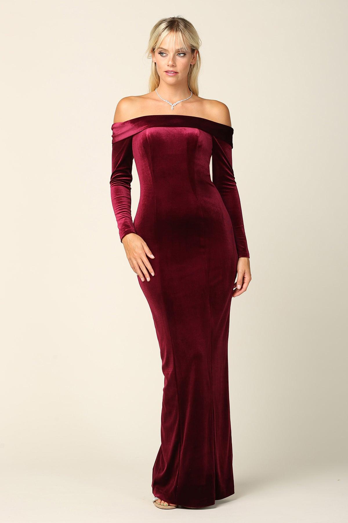 Long Off Shoulder Formal Velvet Dress - The Dress Outlet