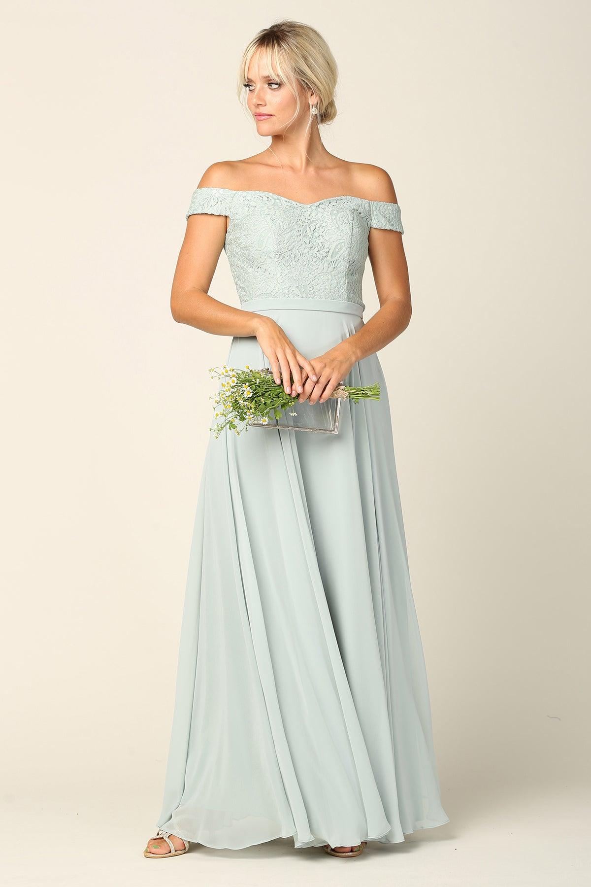 Long Off Shoulder Lace Bodice Bridesmaids Dress