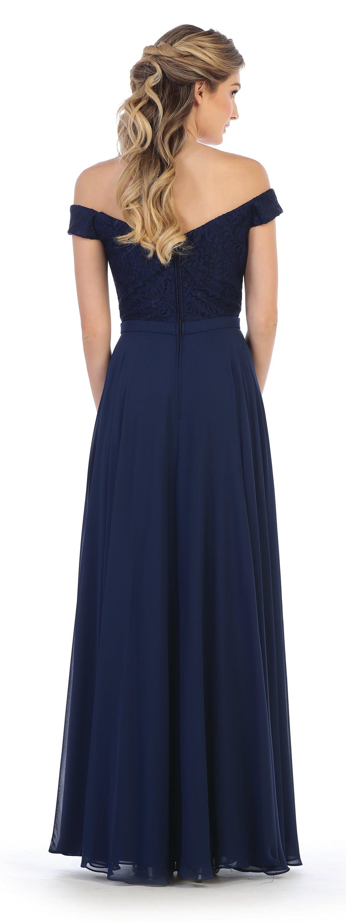 Long Off Shoulder Lace Bodice Bridesmaids Dress