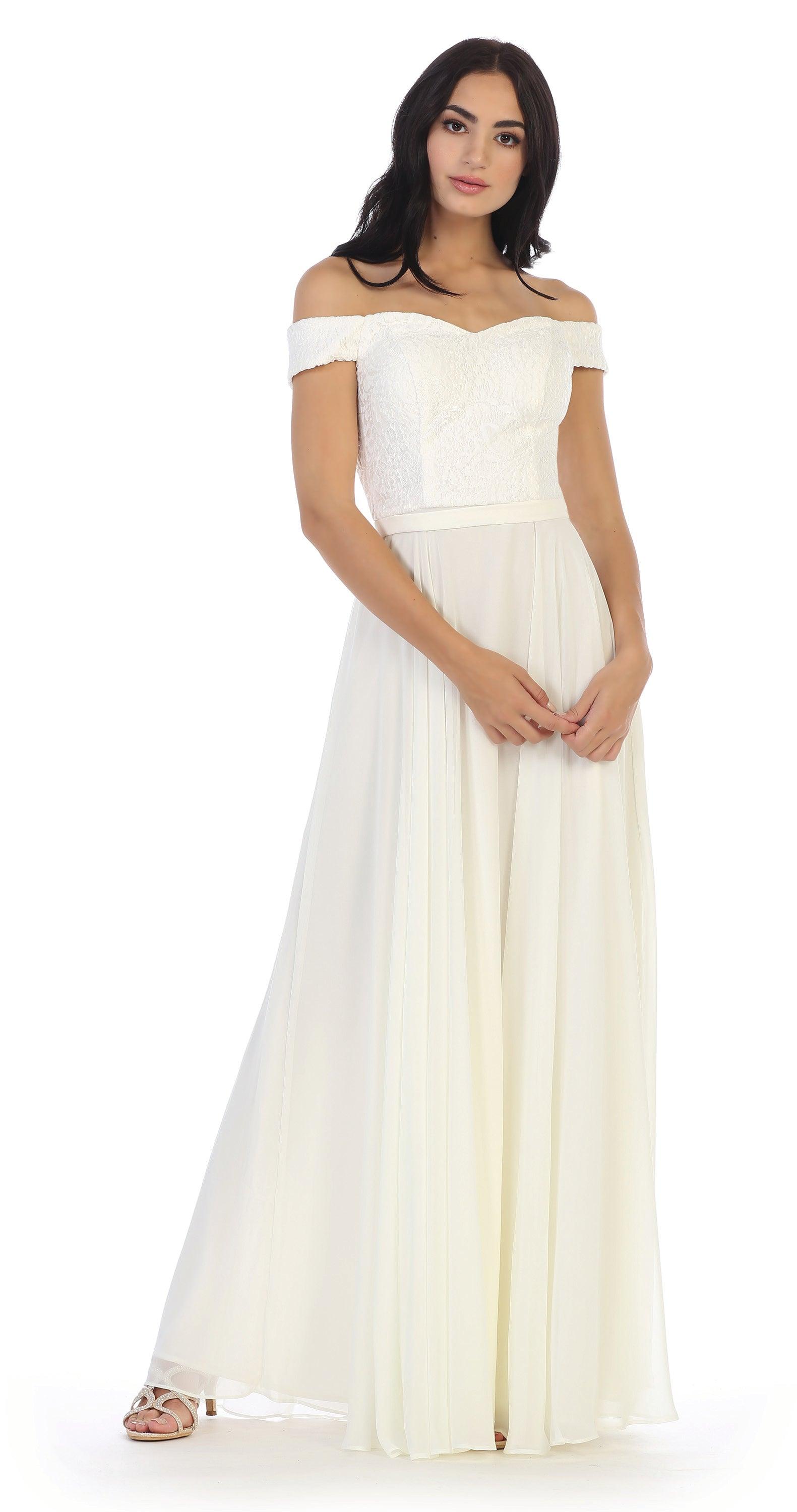Long Off Shoulder Lace Bodice Bridesmaids Dress - The Dress Outlet