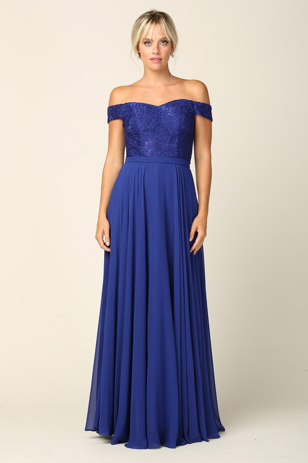 Long Off Shoulder Lace Bodice Bridesmaids Dress