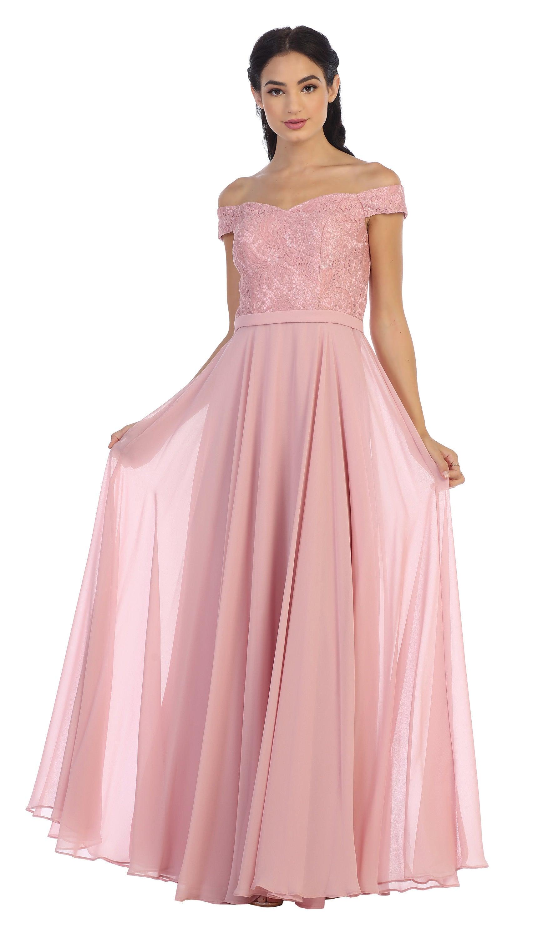 Long Off Shoulder Lace Bodice Bridesmaids Dress