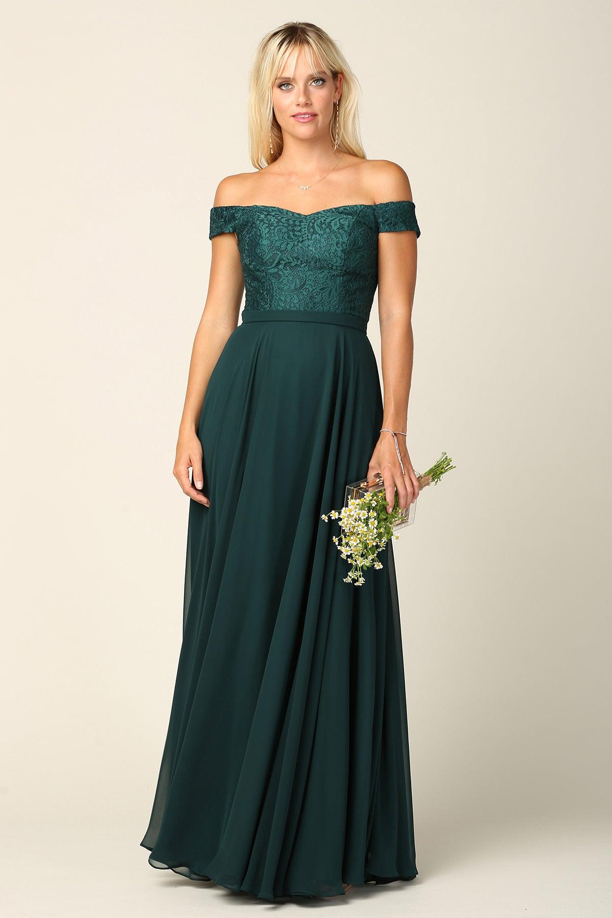 Long Off Shoulder Lace Bodice Bridesmaids Dress