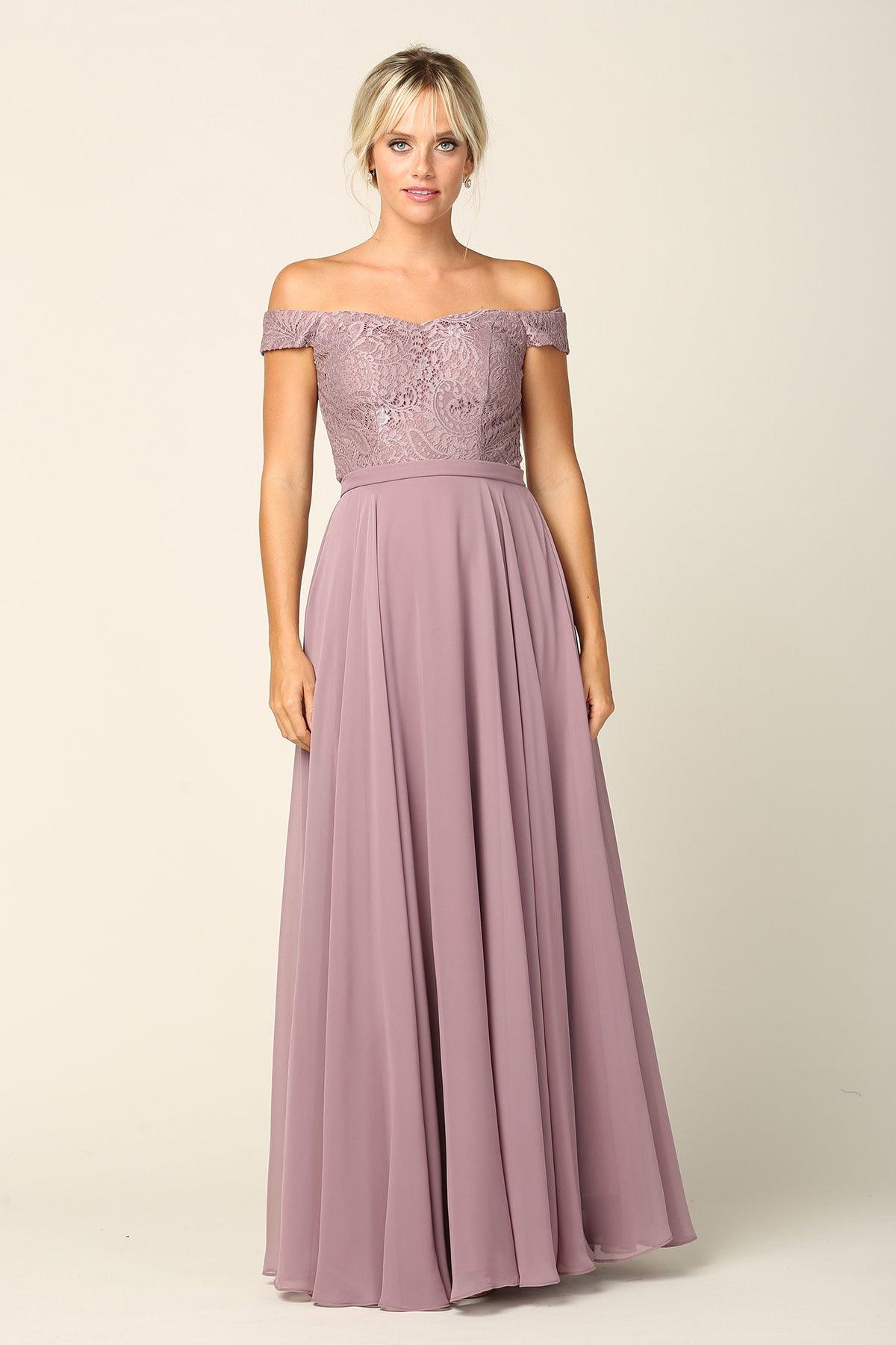 Long Off Shoulder Lace Bodice Bridesmaids Dress