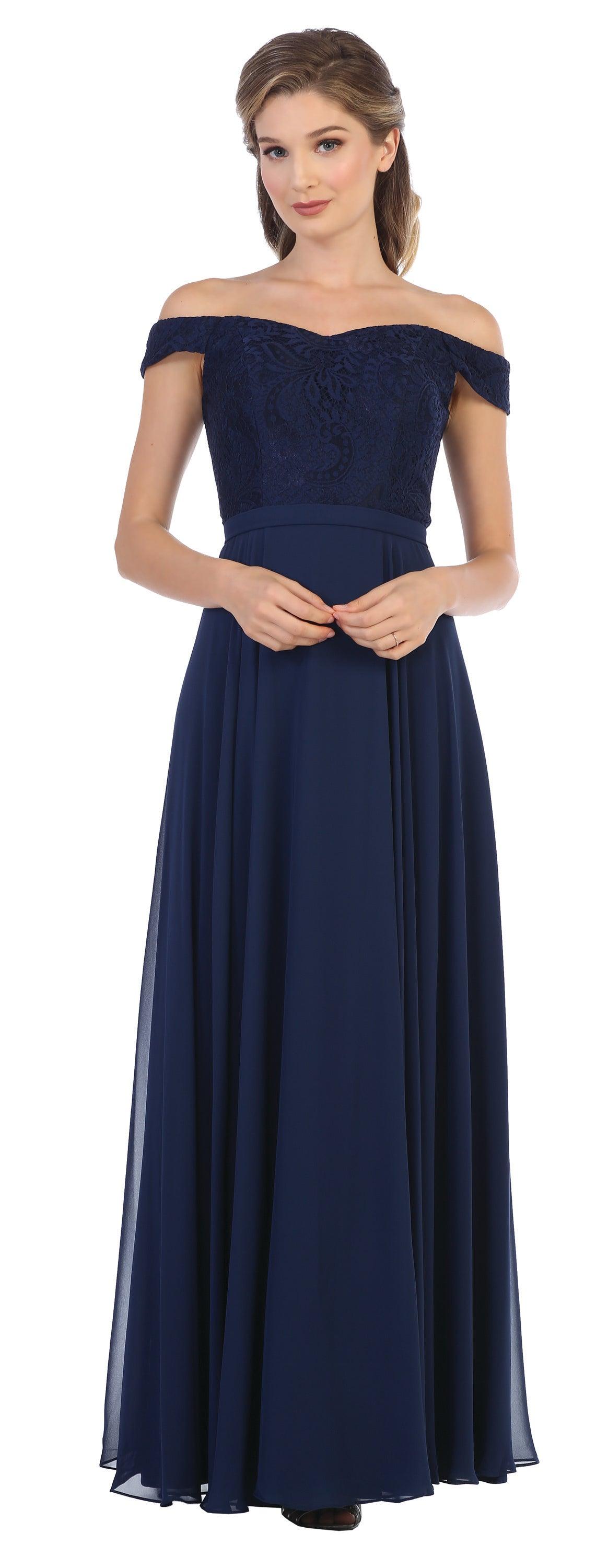Long Off Shoulder Lace Bodice Bridesmaids Dress