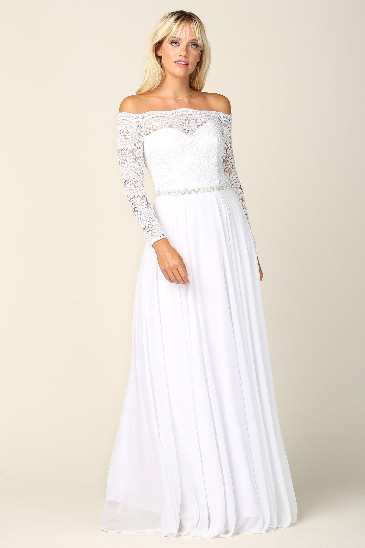 Long Off Shoulder Lace Chiffon Wedding Dress Sale - The Dress Outlet