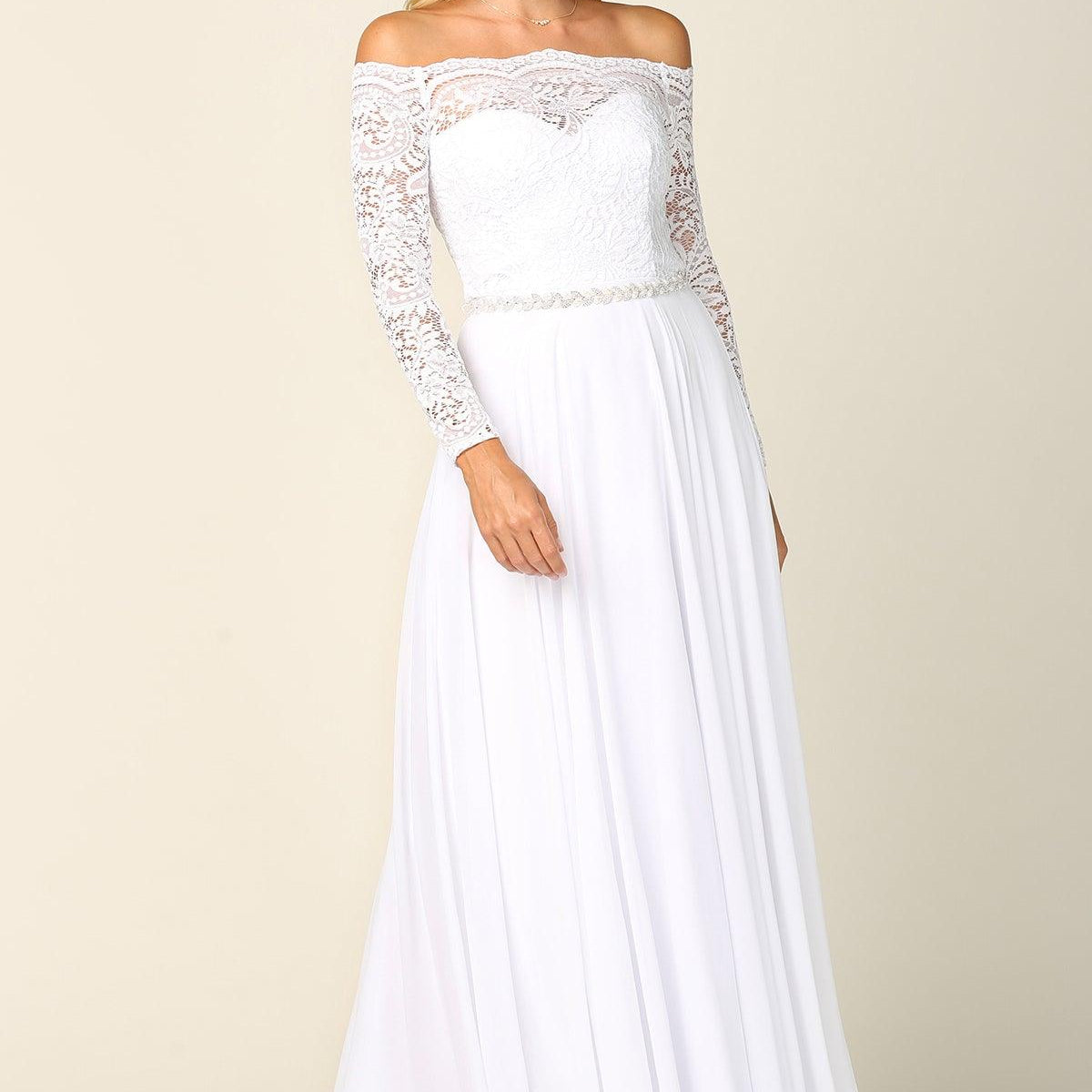 Long Off Shoulder Lace Chiffon Wedding Dress