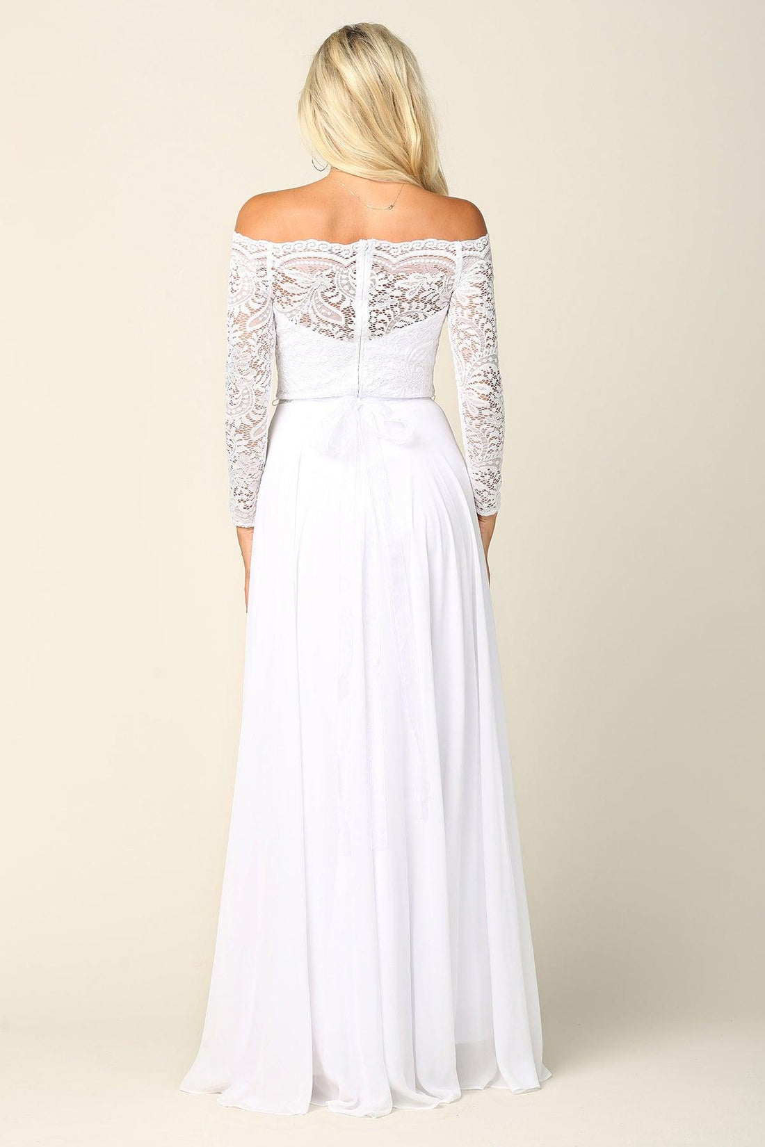 Elegant Off-the-Shoulder Lace Top Chiffon Dress White