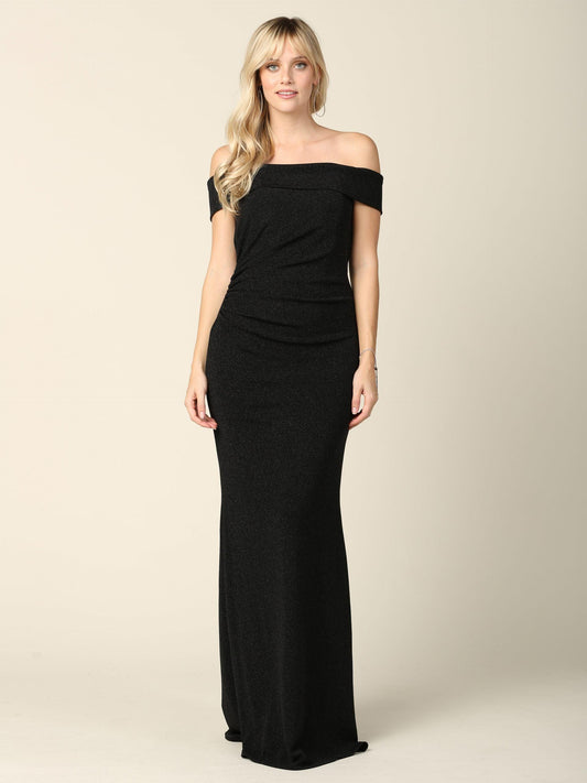Long Off Shoulder Metallic Fitted Formal Dress - The Dress Outlet
