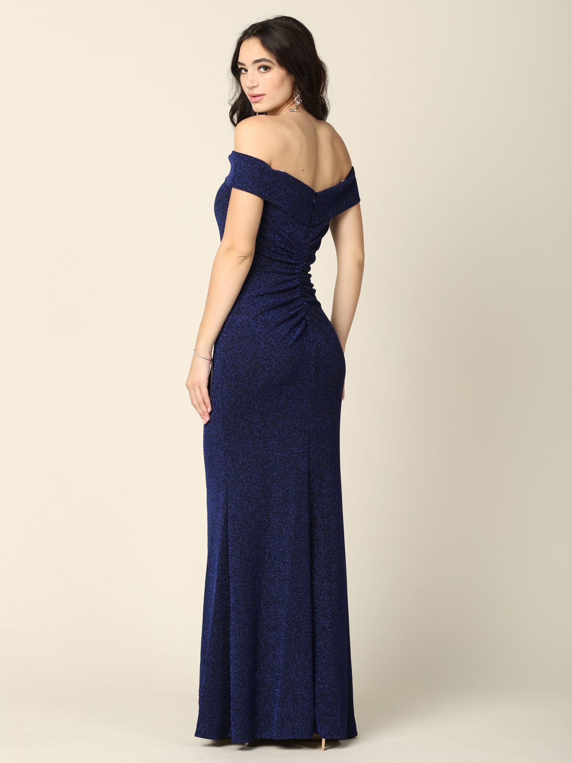 Long Off Shoulder Metallic Fitted Formal Dress