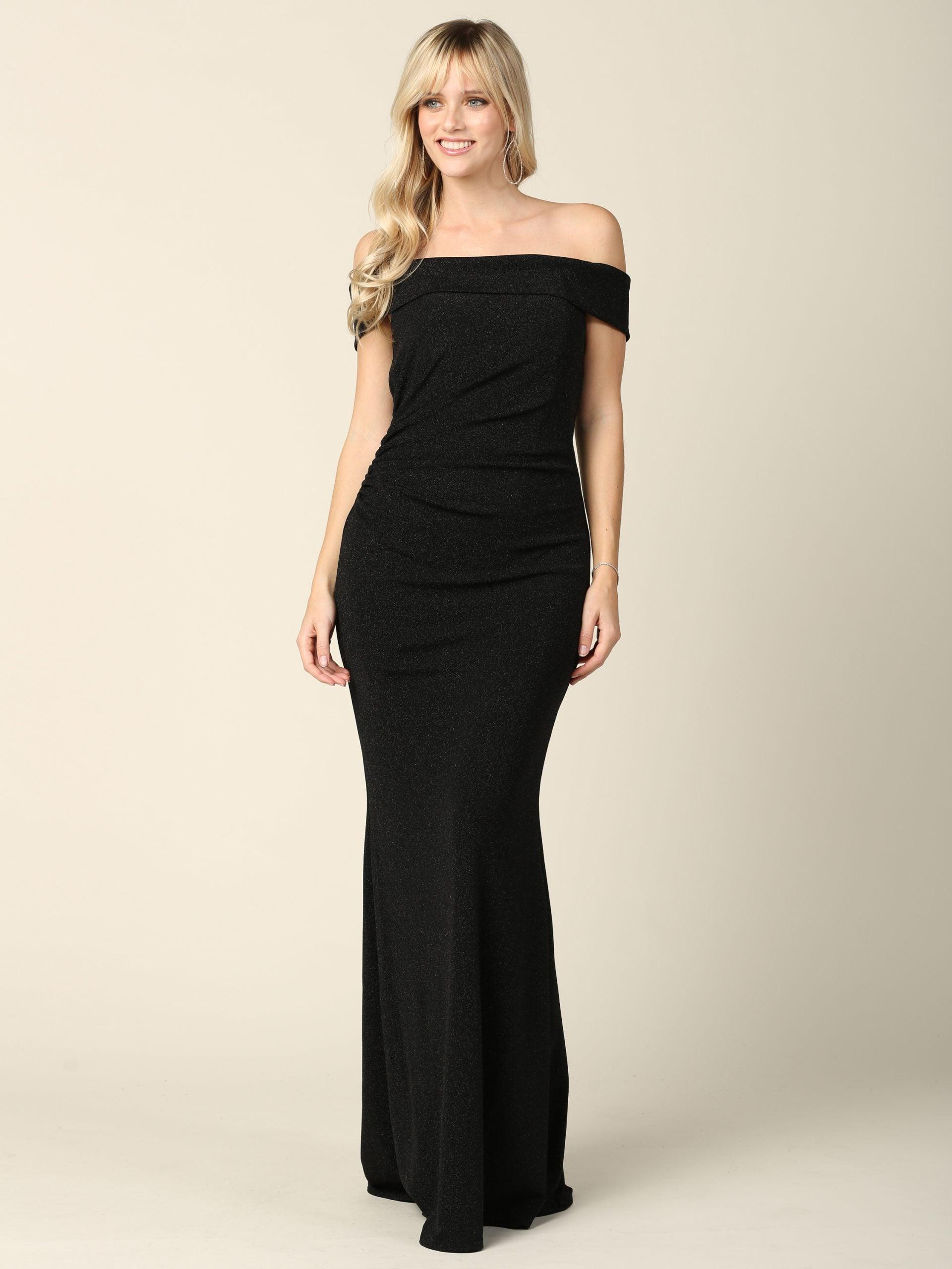 Long Off Shoulder Metallic Fitted Formal Dress