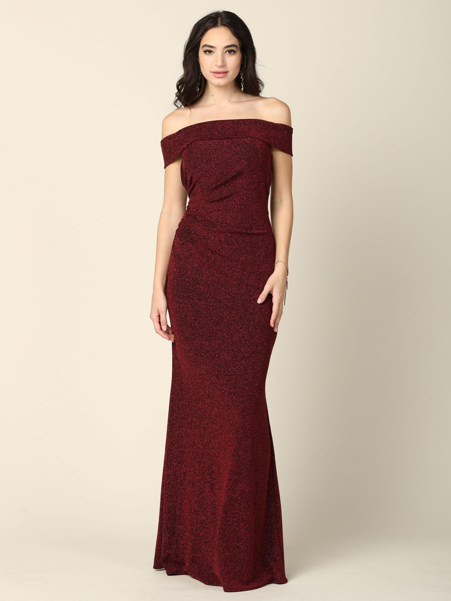 Long Off Shoulder Metallic Fitted Formal Dress