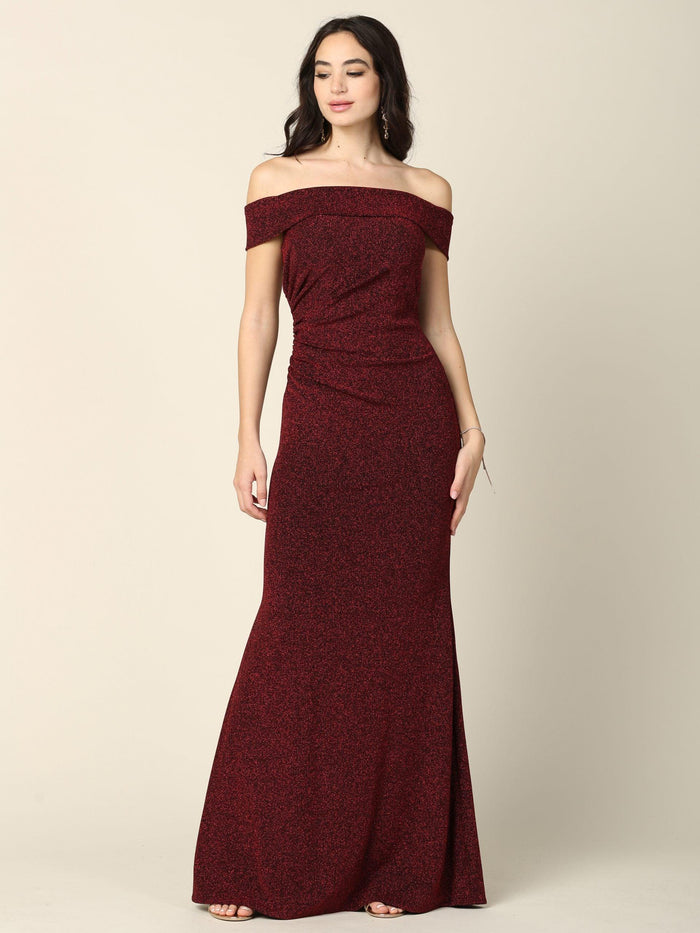 Long Off Shoulder Metallic Fitted Formal Dress - The Dress Outlet