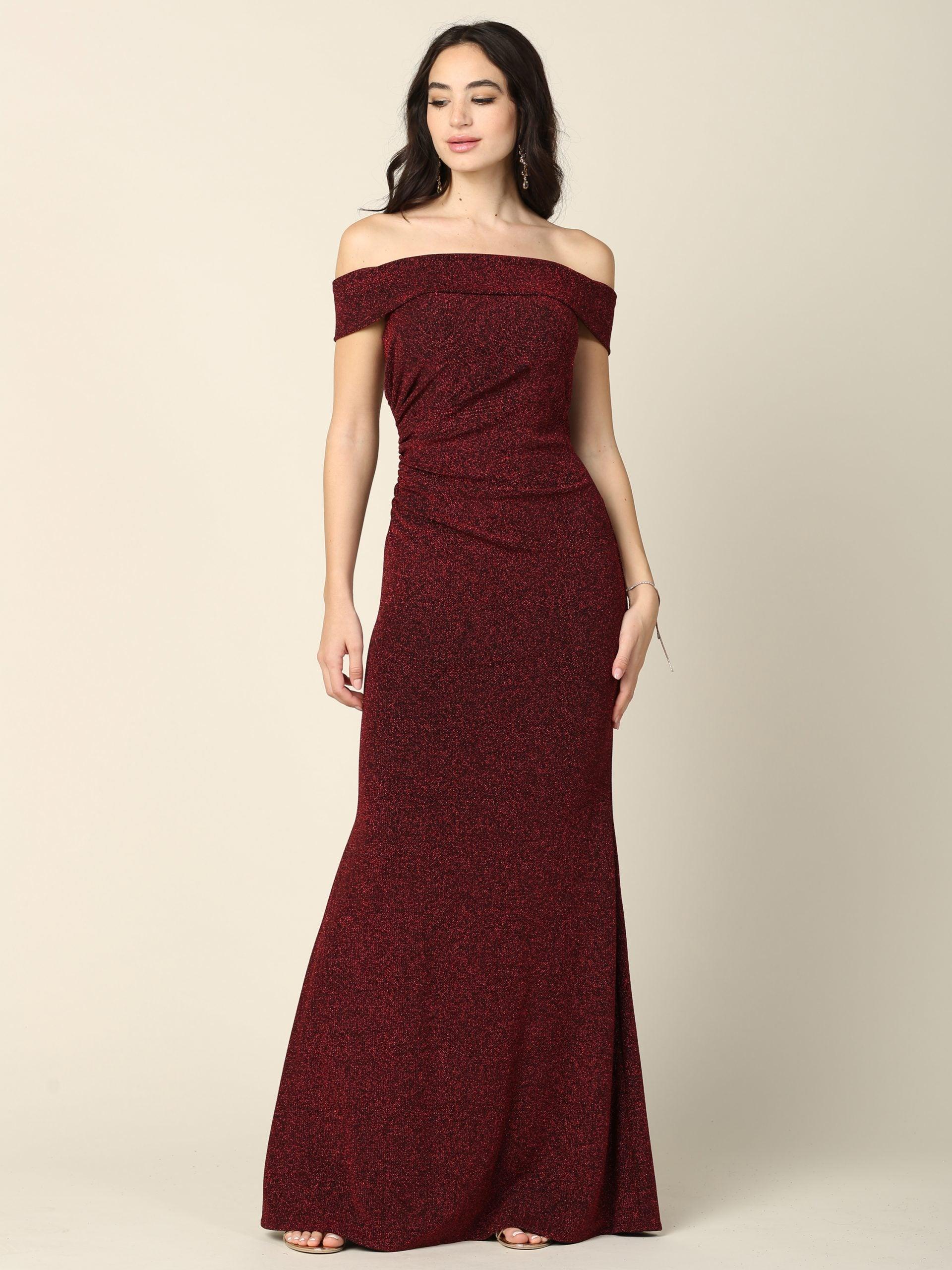 Long Off Shoulder Metallic Fitted Formal Dress