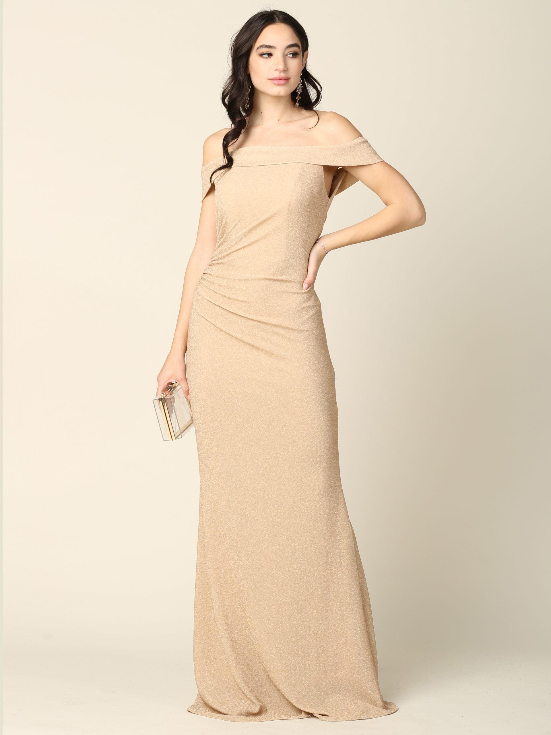 Long Off Shoulder Metallic Fitted Formal Dress Long Off Shoulder Metallic Fitted Formal Dress