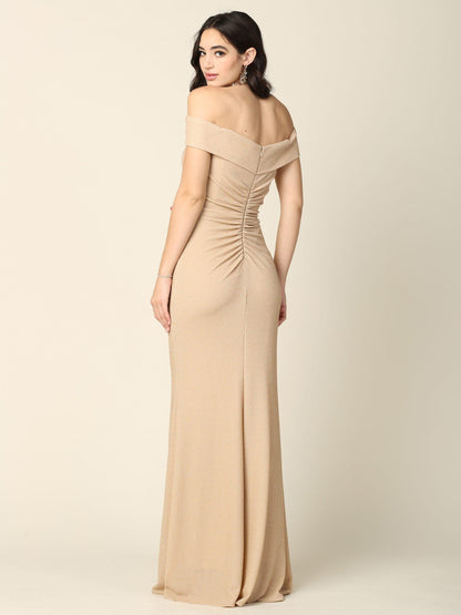 Long Off Shoulder Metallic Fitted Formal Dress - The Dress Outlet