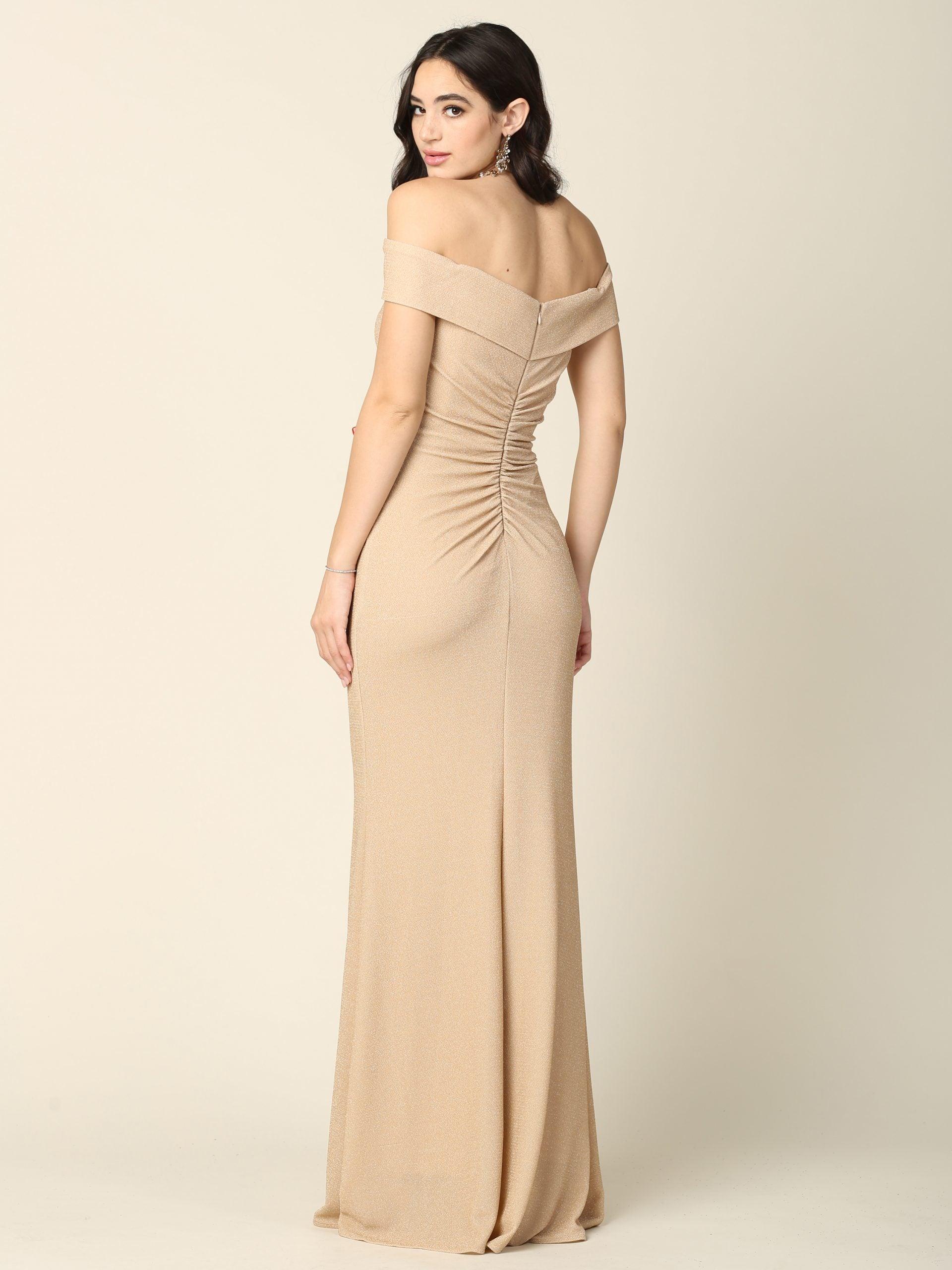 Long Off Shoulder Metallic Fitted Formal Dress