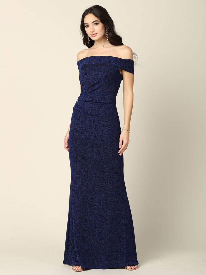 Long Off Shoulder Metallic Fitted Formal Dress - The Dress Outlet