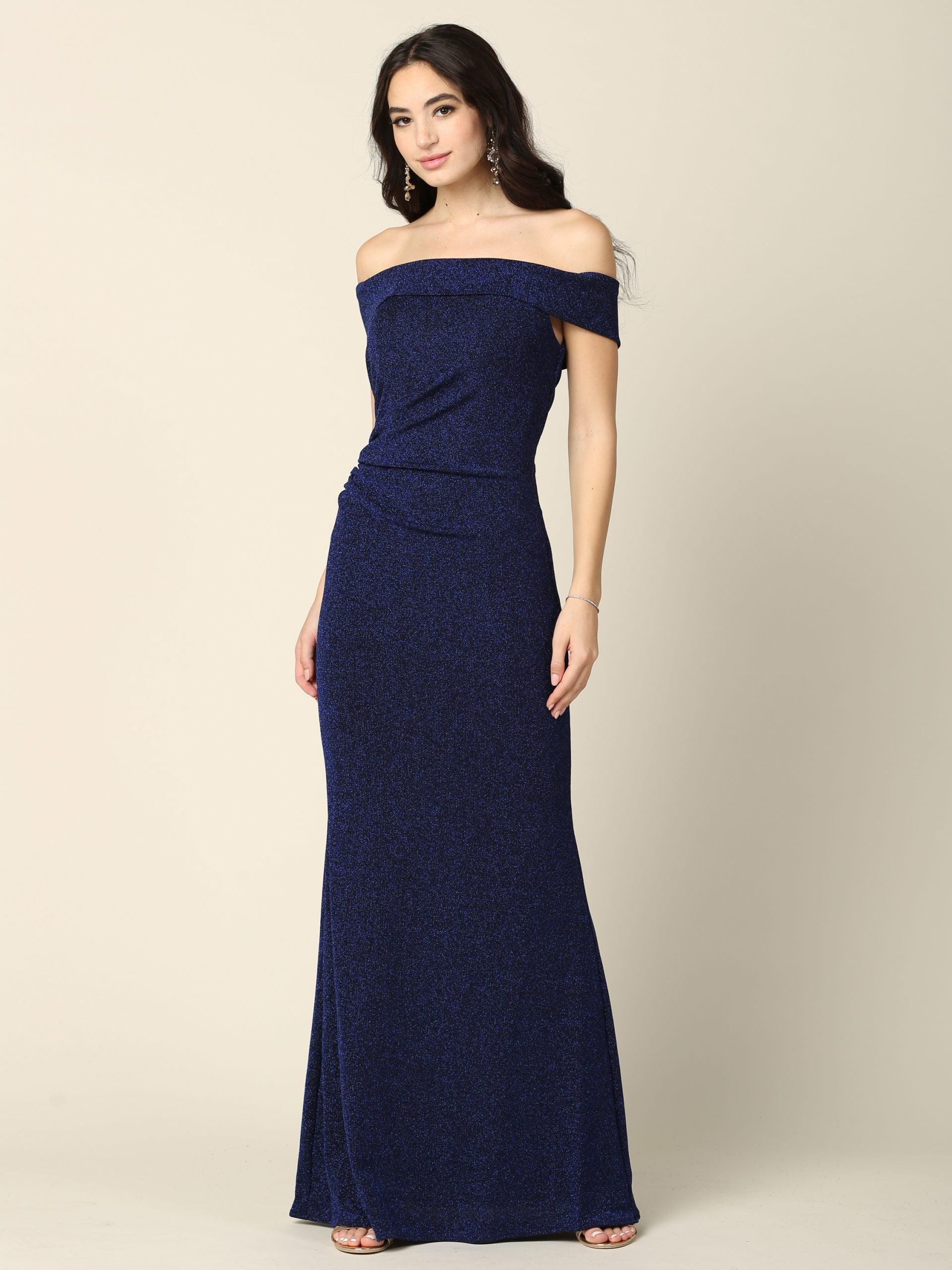 Long Off Shoulder Metallic Fitted Formal Dress