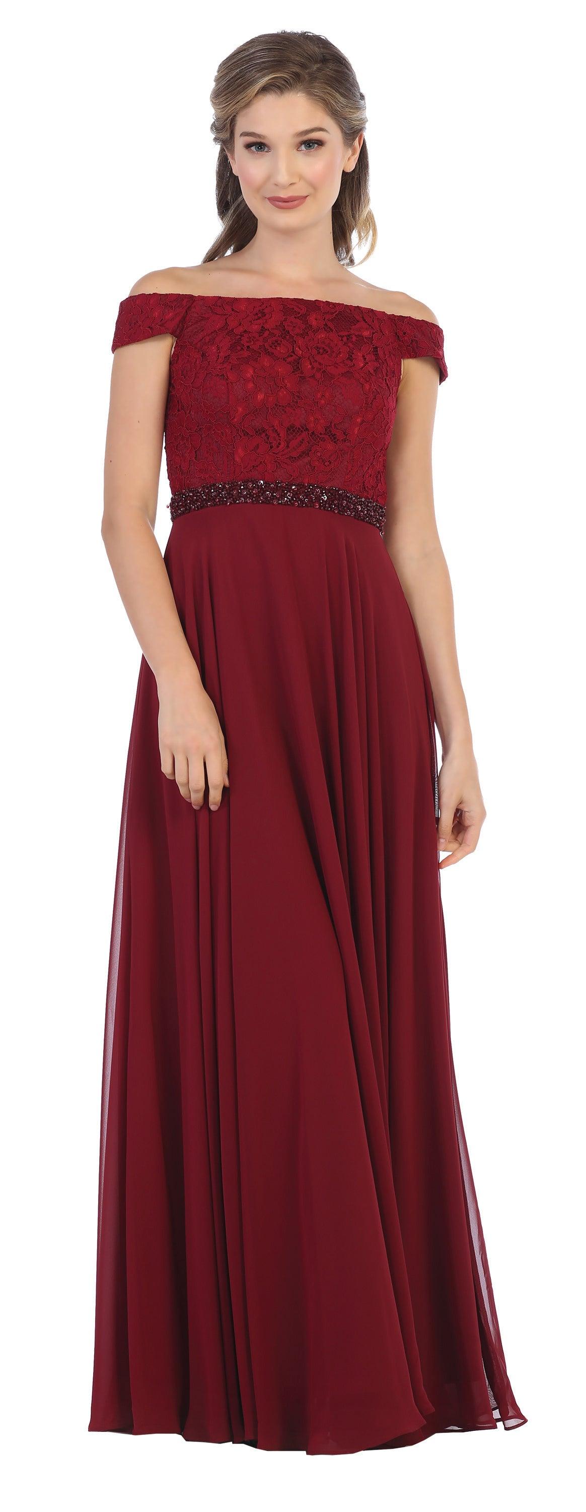 Elegant Burgundy A Line Off the Shoulder Mother of the Bride Dress with Long Sleeves