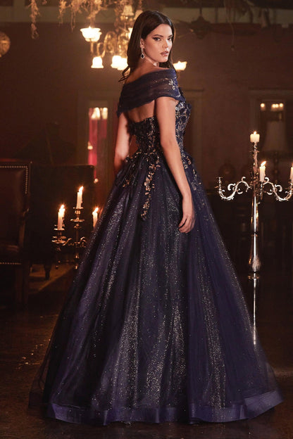 Long Off Shoulder Prom Gown Navy Gold