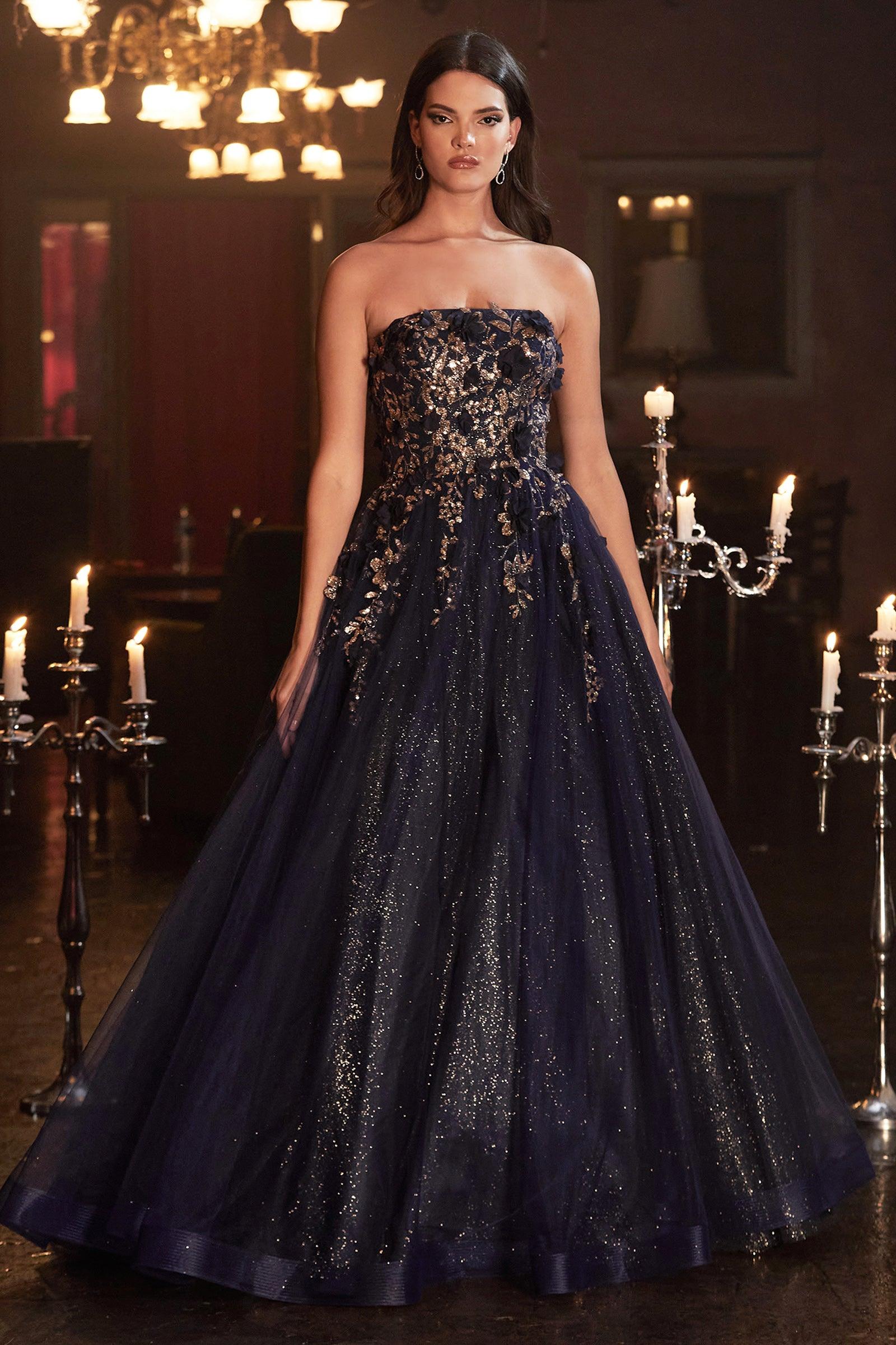 Long Off Shoulder Prom Gown Navy Gold