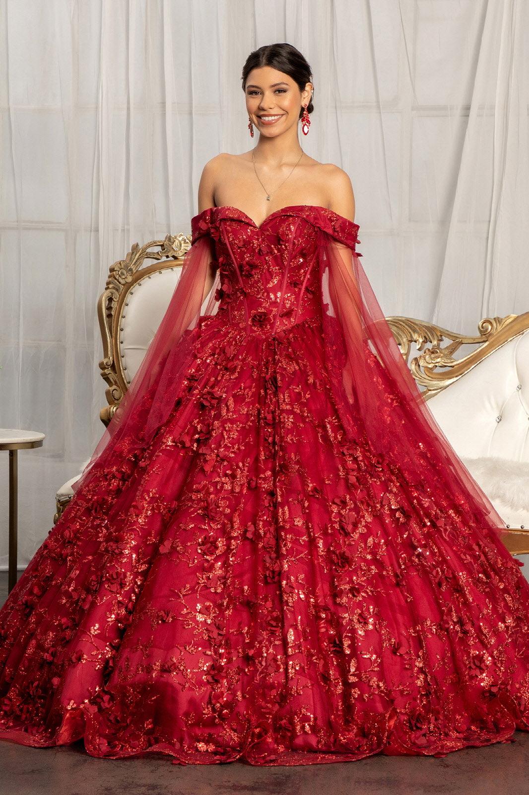 Long Off Shoulder Quinceanera Glitter Mesh Dress