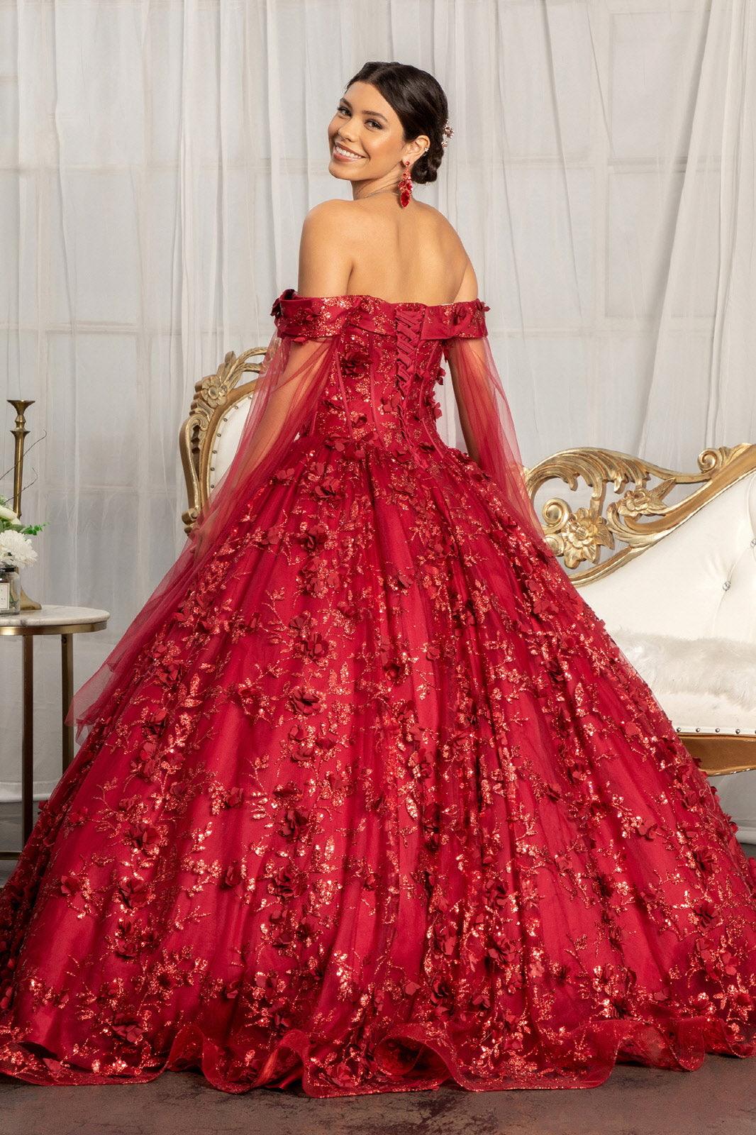 Long Off Shoulder Quinceanera Glitter Mesh Dress