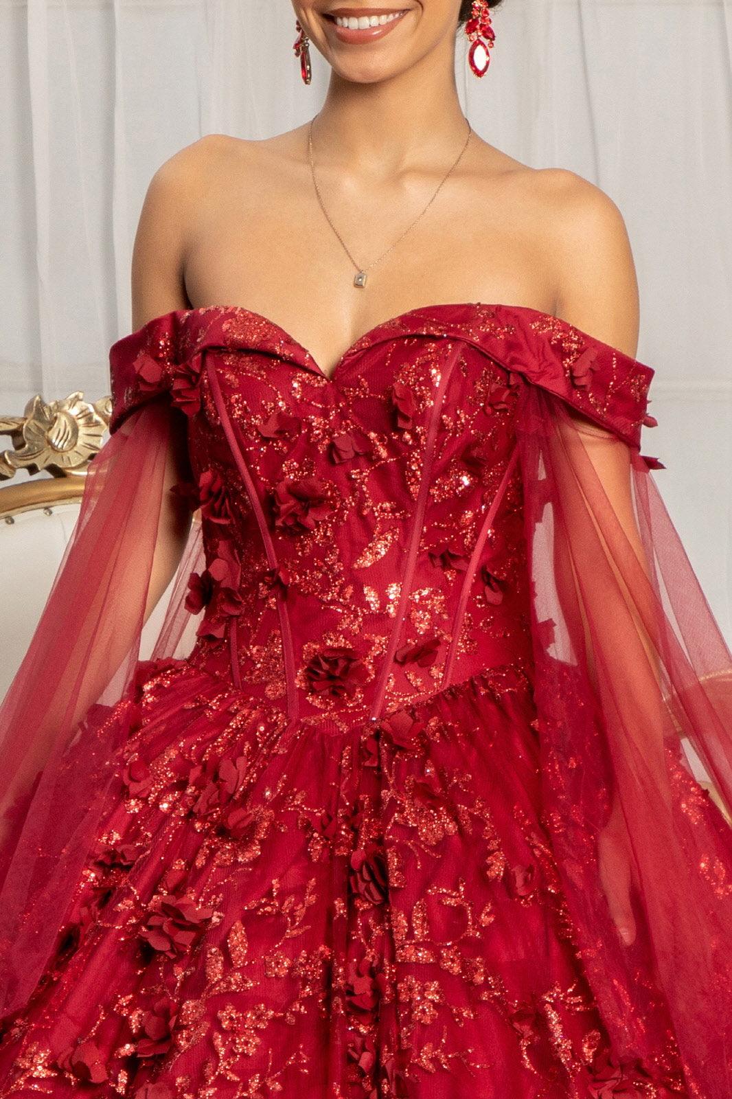Long Off Shoulder Quinceanera Glitter Mesh Dress