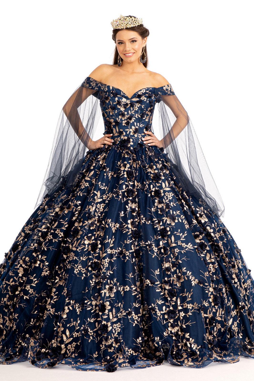 Long Off Shoulder Quinceanera Glitter Mesh Dress