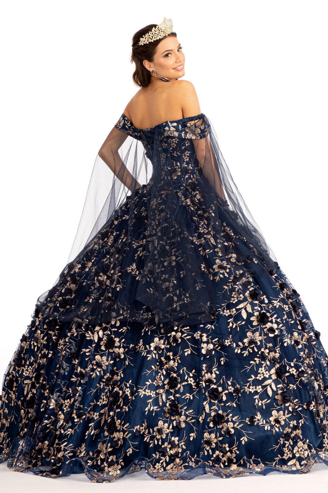 Long Off Shoulder Quinceanera Glitter Mesh Dress