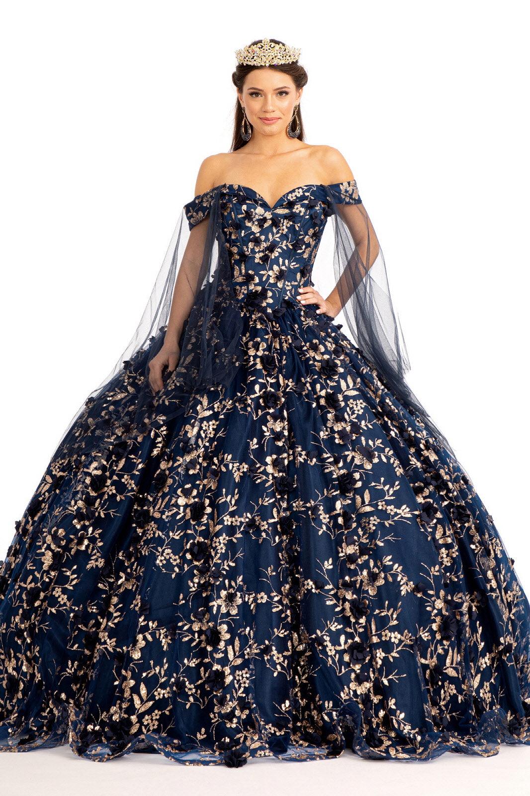Long Off Shoulder Quinceanera Glitter Mesh Dress