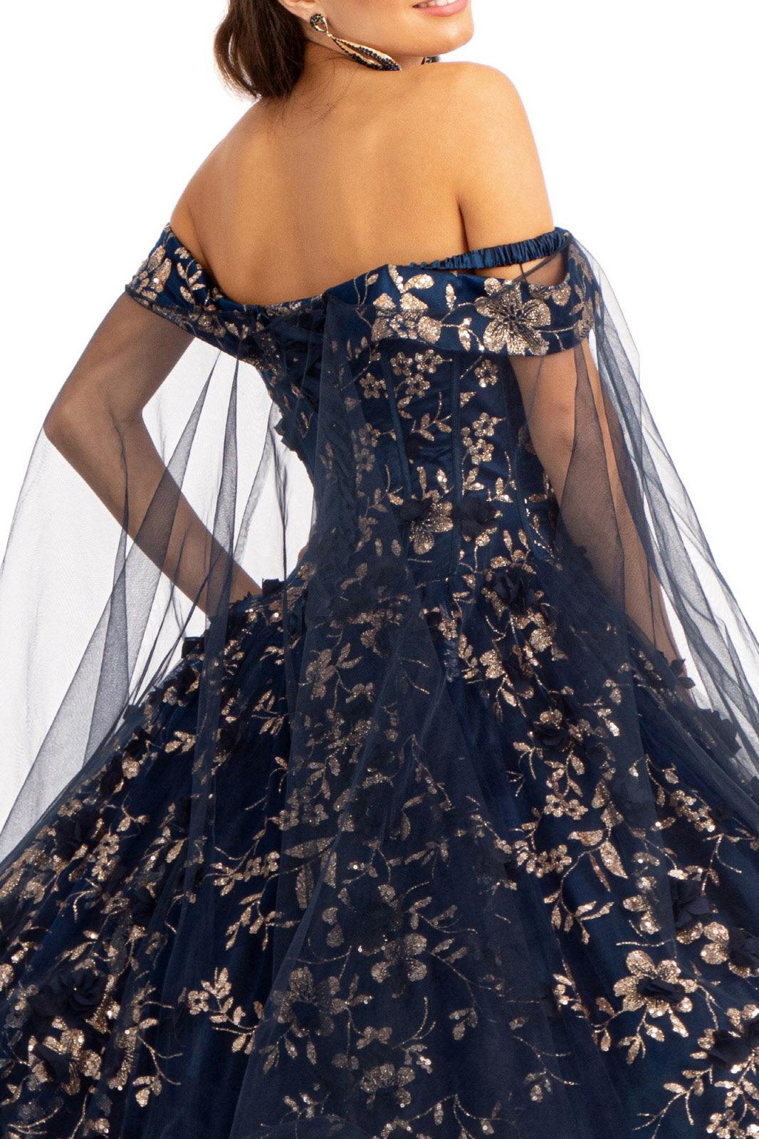 Long Off Shoulder Quinceanera Glitter Mesh Dress