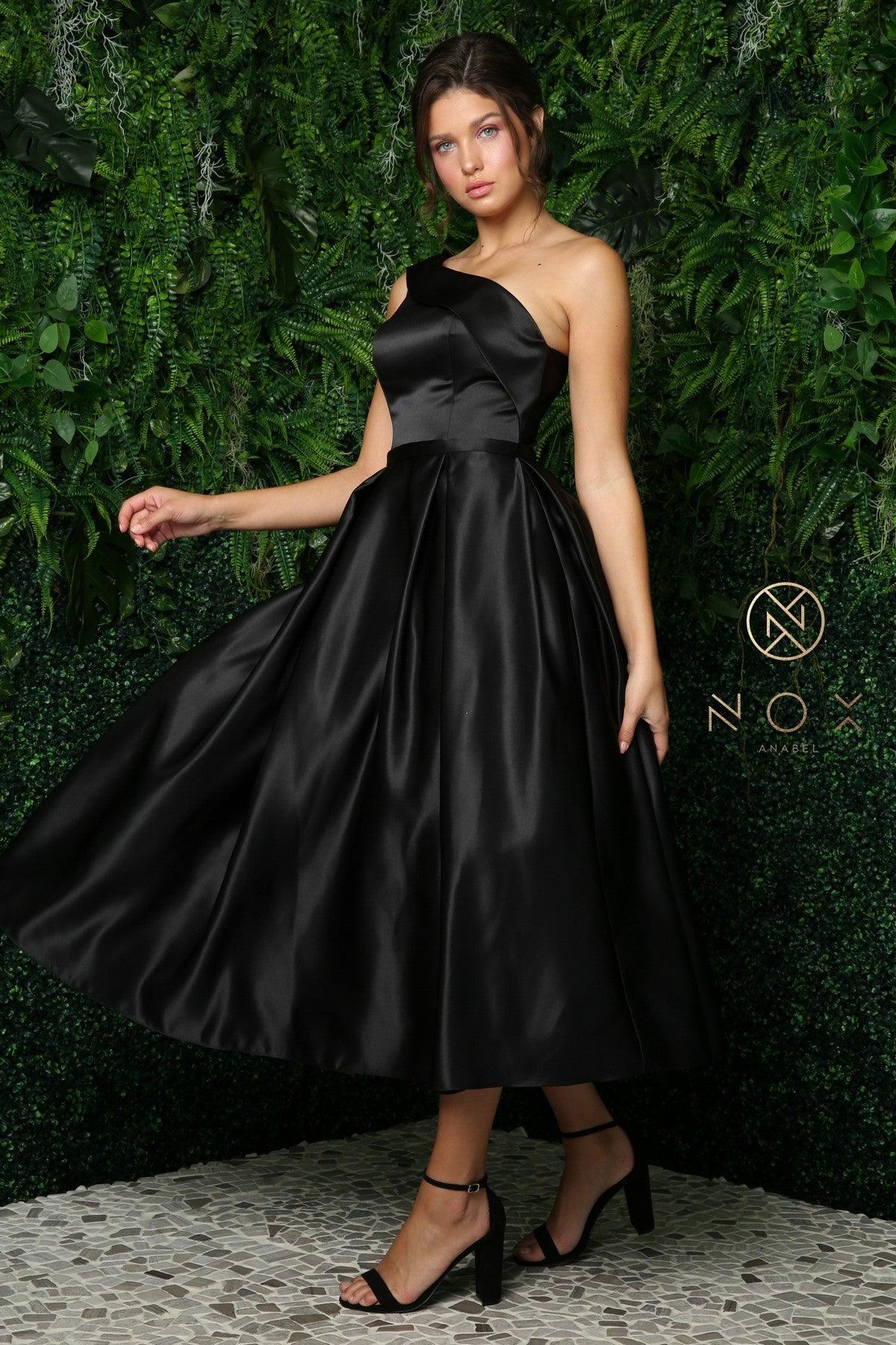 black tea length dresses Long One Shoulder Formal Dress JE931