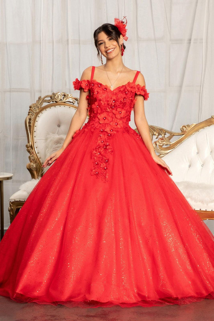Long Quinceanera Dress Off Shoulder Floral Ball Gown - The Dress Outlet